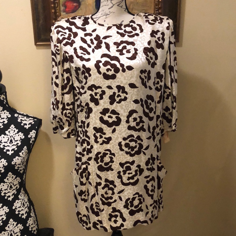 Jerri Sherman Vintage Saks Silk shoulder pads abstract floral 3/4 sleeve dress